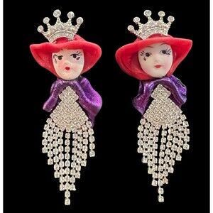 Red Hat Society Queen Rhinestone Crown Crystal Dangling Stud Earrings